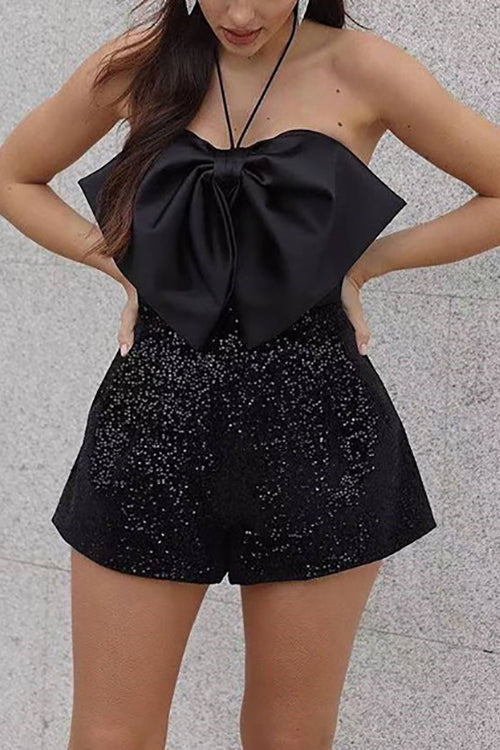 Satin Bow Halter Neck Sequin Short Romper