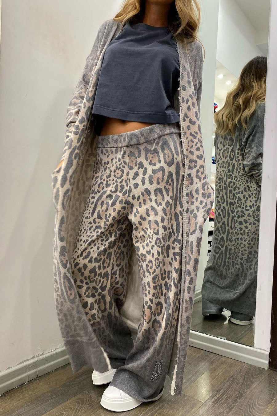 Leopard Print Long Sleeve Cardigan and Pants Set