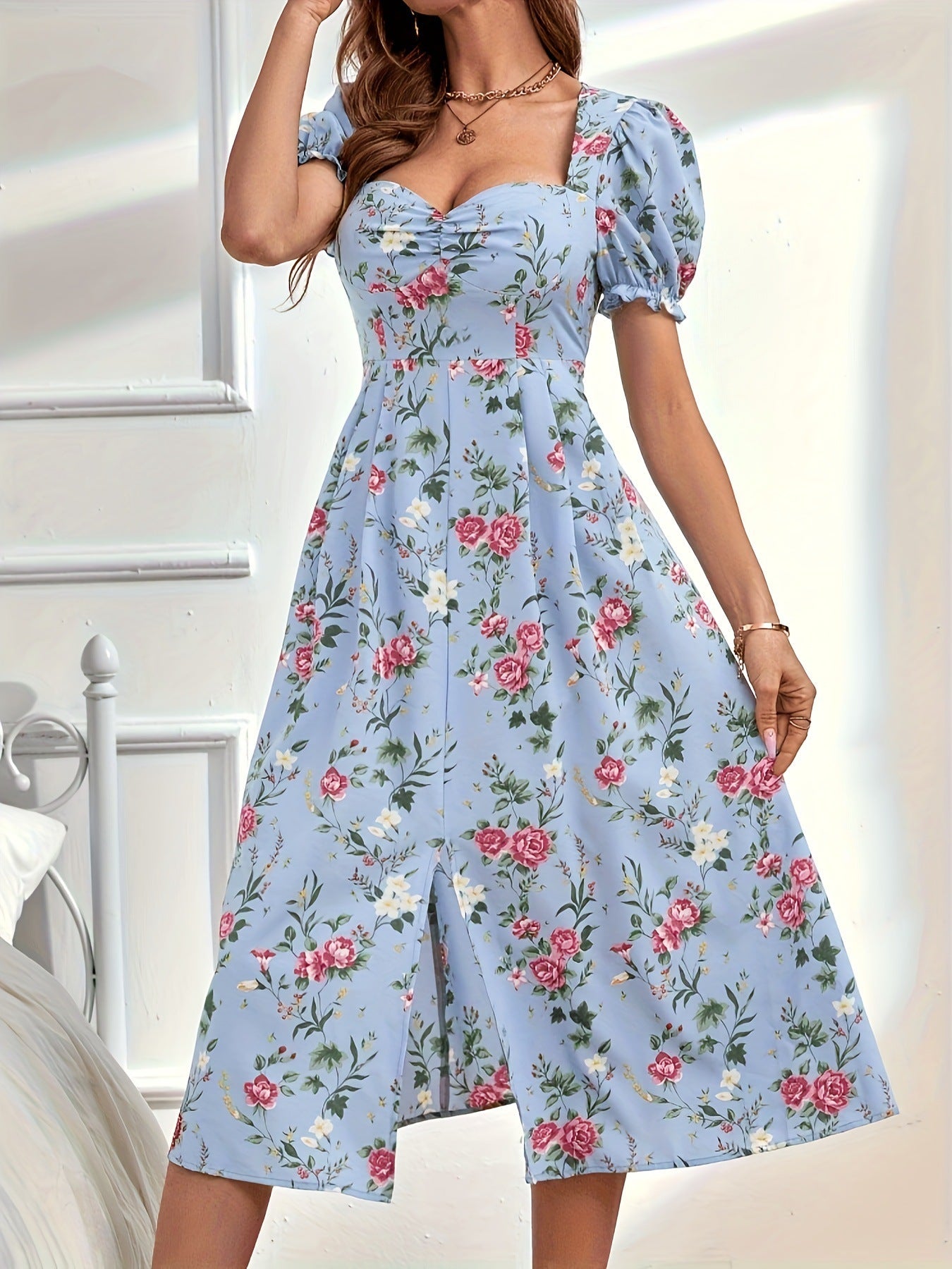 Striped Flower Short Sleeve Flowy Midi Dress