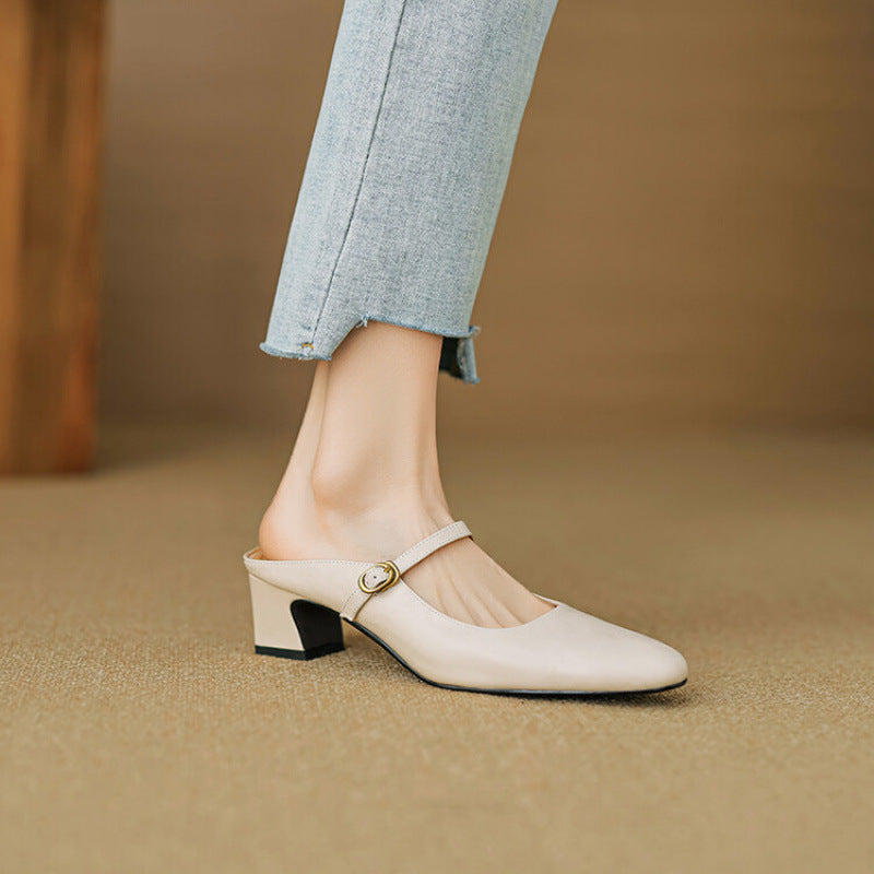 Square Toe Buckle Block Heel Mary Jane Mules