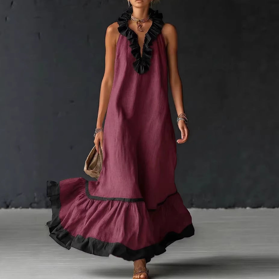 Sleeveless Ruffle Trim Tiered Linen Maxi Dress 2