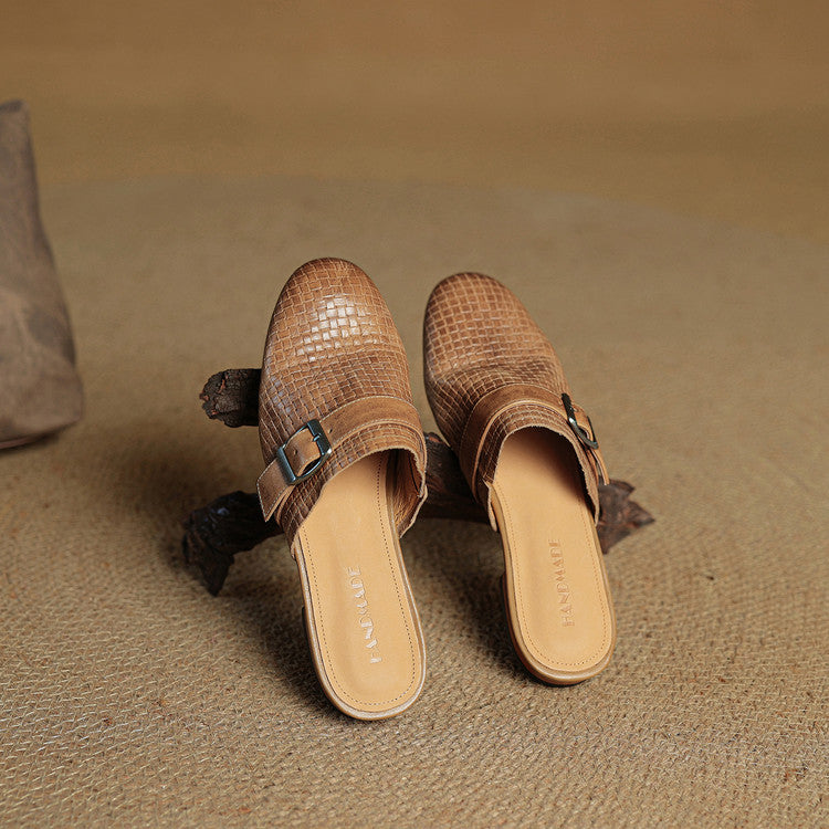 Croc Print Square Toe Buckle Flat Mules