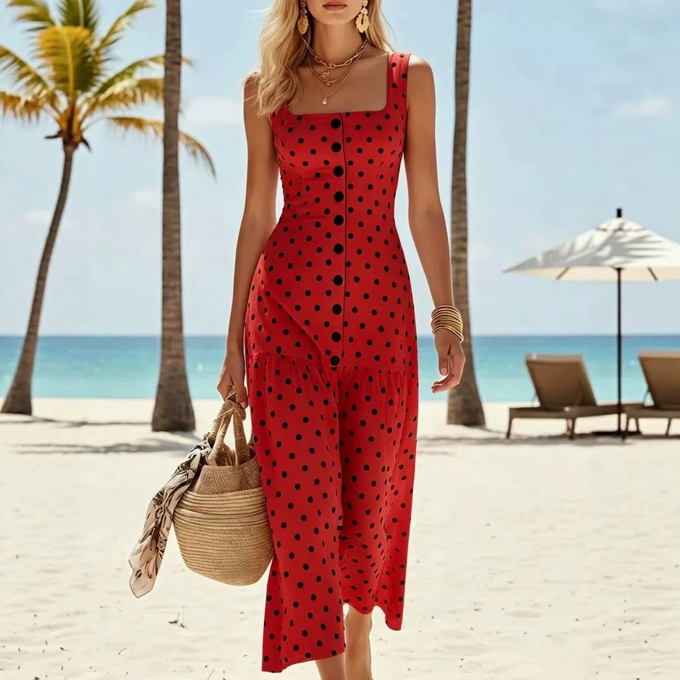 Polka Dot Square Neck Sleeveless Tiered Midi Dress 3