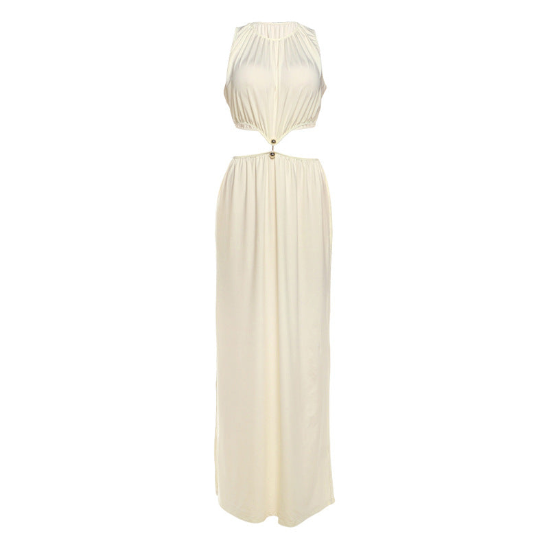 Sleeveless Crew Neck Cut Out Waist Gold Button Ruched Maxi Dress 2