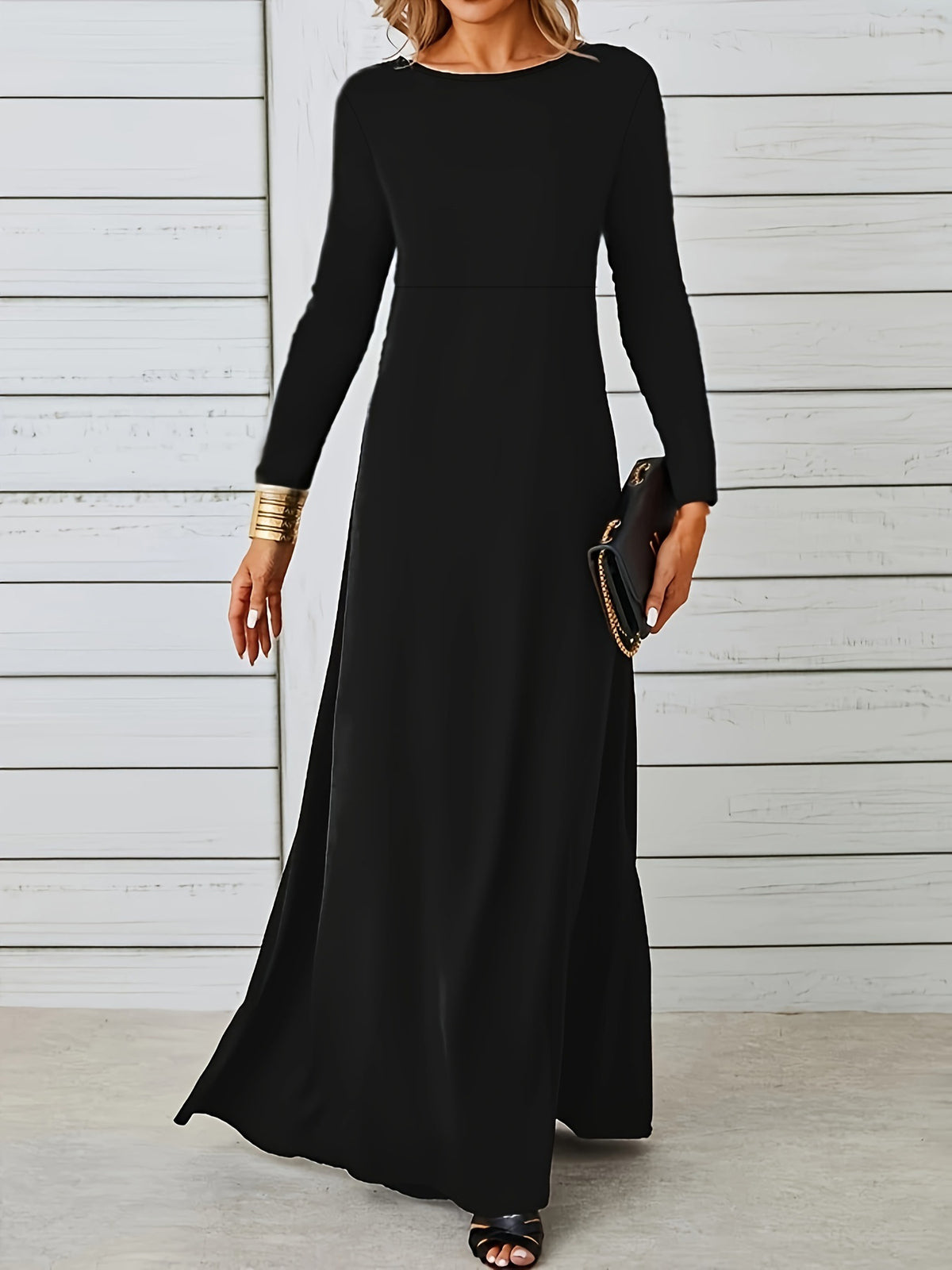 Round Neck Long Sleeve High Waist A-Line Maxi Dress 2