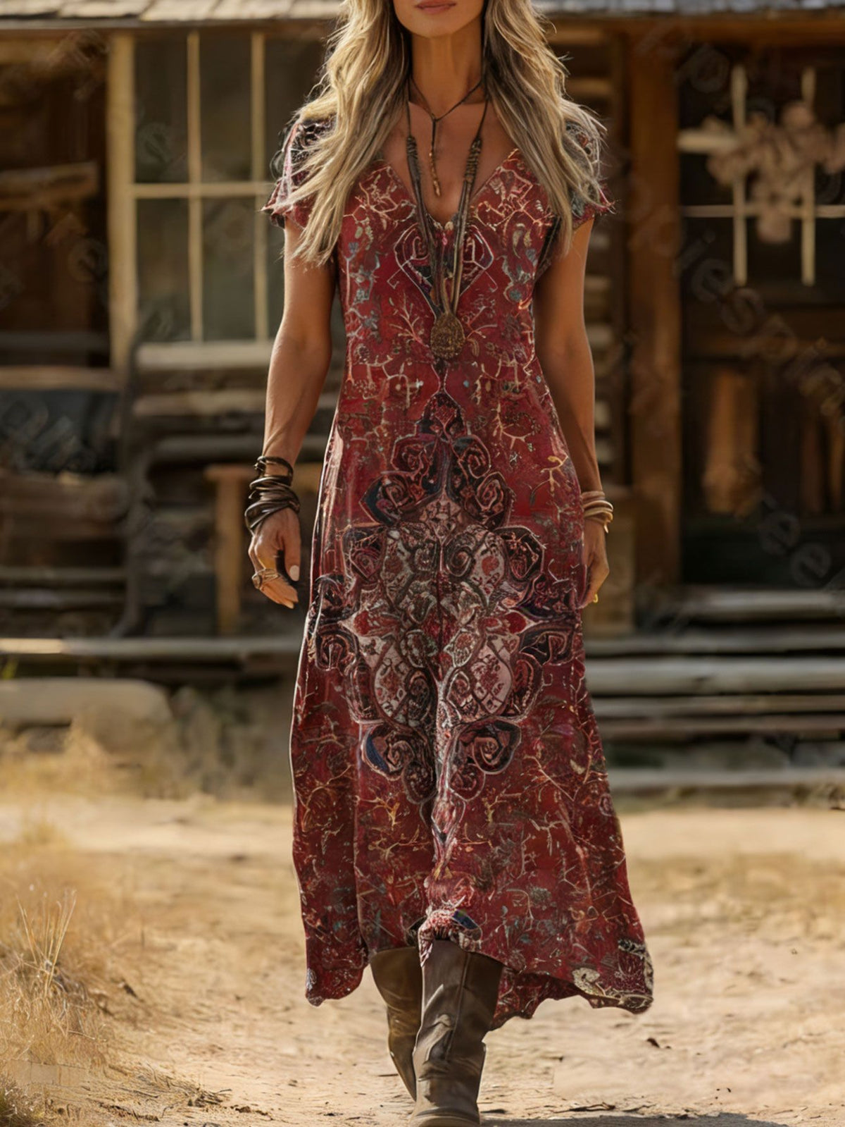 Boho Abstract Print V-Neck Short Sleeve Flowy Maxi Dress 3