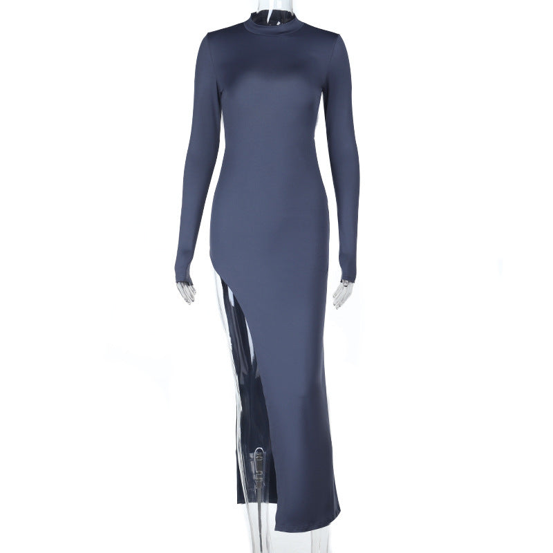 Mock Neck Long Sleeve Open Back Asymmetric High Split Bodycon Maxi Dress 4