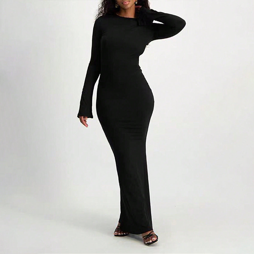 Round Neck Long Flare Sleeve Bodycon Maxi Dress