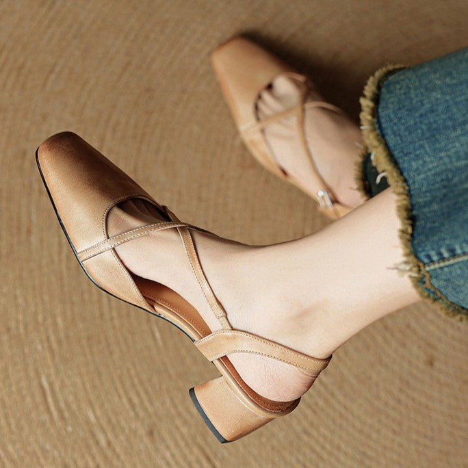 Square Toe Cross Strap Block Heel Slingback Pumps