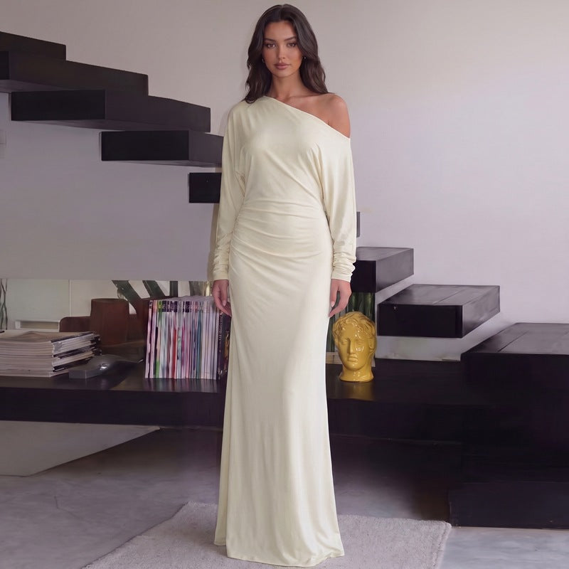 Women Shoulder Baring Elegant Loose Pleated Dress