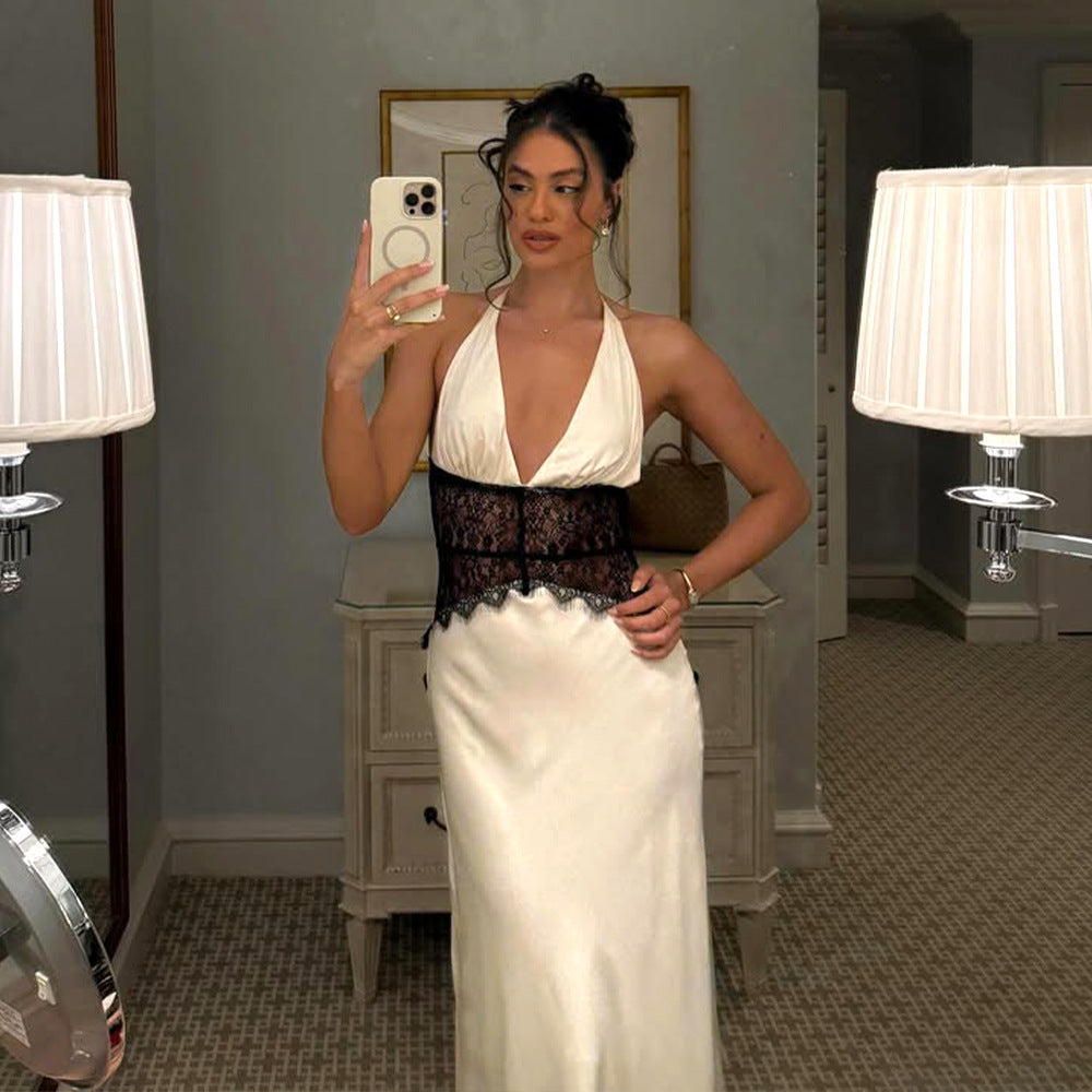 Satin Deep V-Neck Halter Contrast Lace Waist Panel Maxi Dress