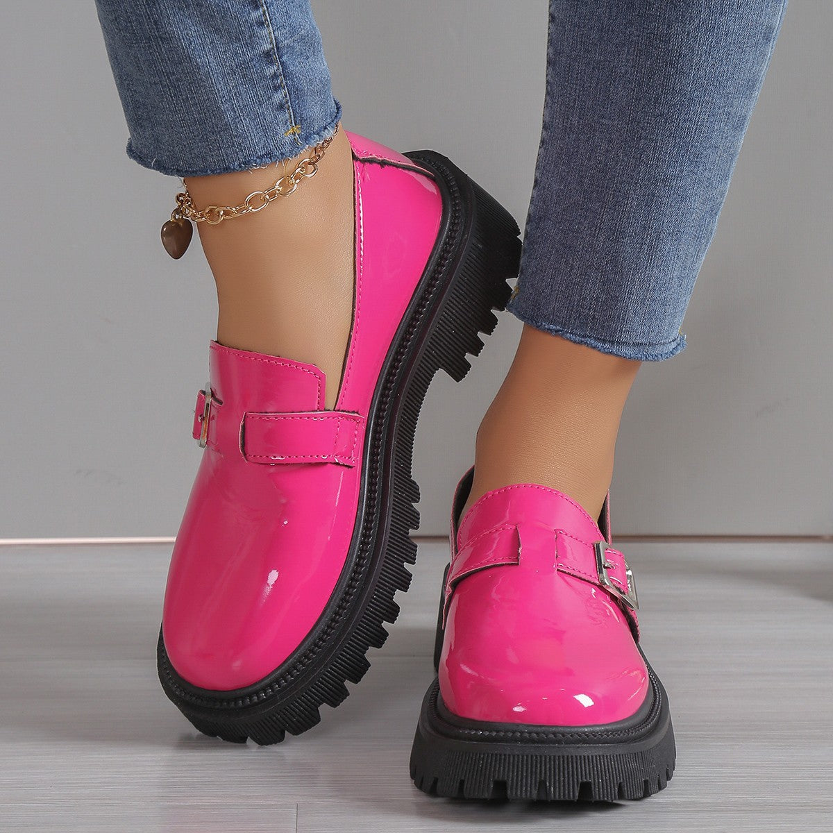 Round toe square heel candy pink leather shoes