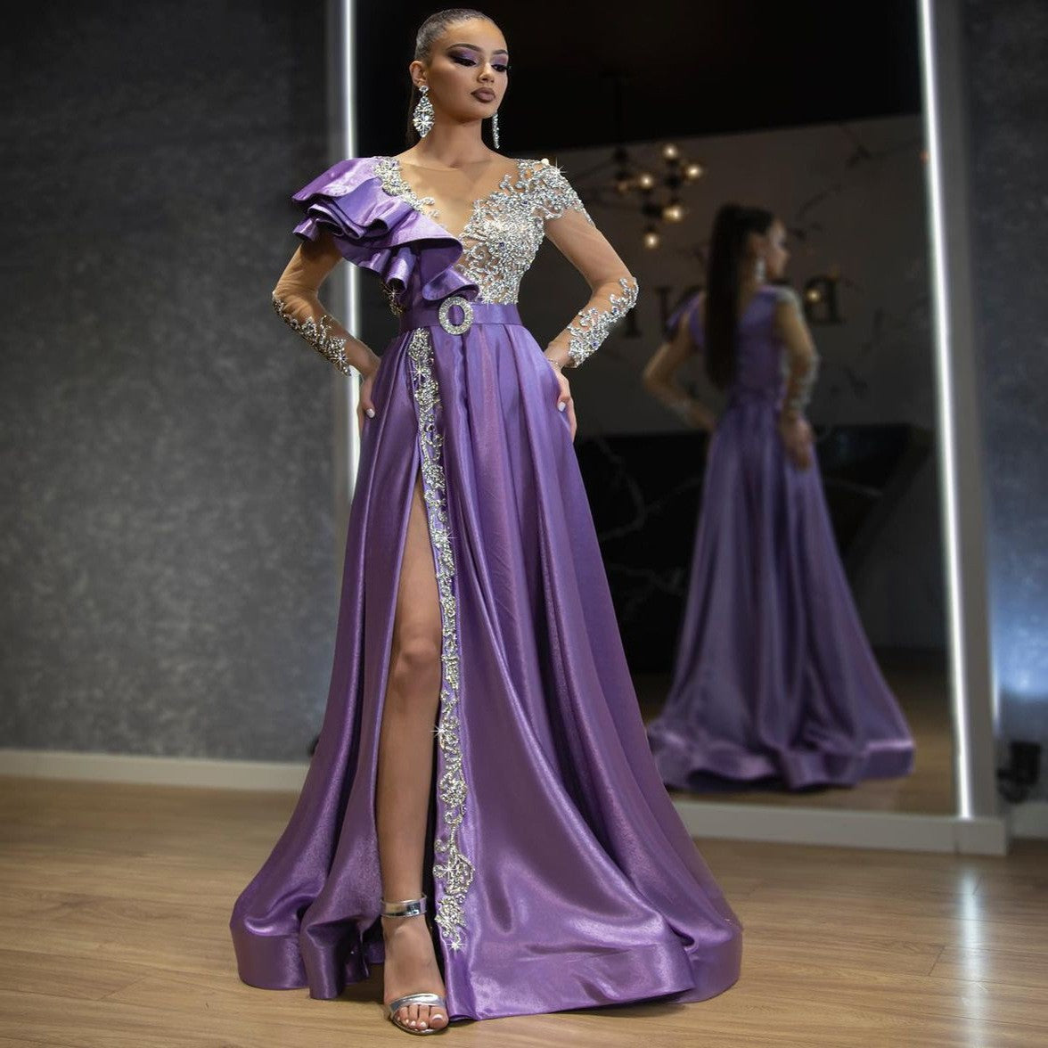 Spring Women Evening Dress Women Satin Gold Purple Sequ Dress