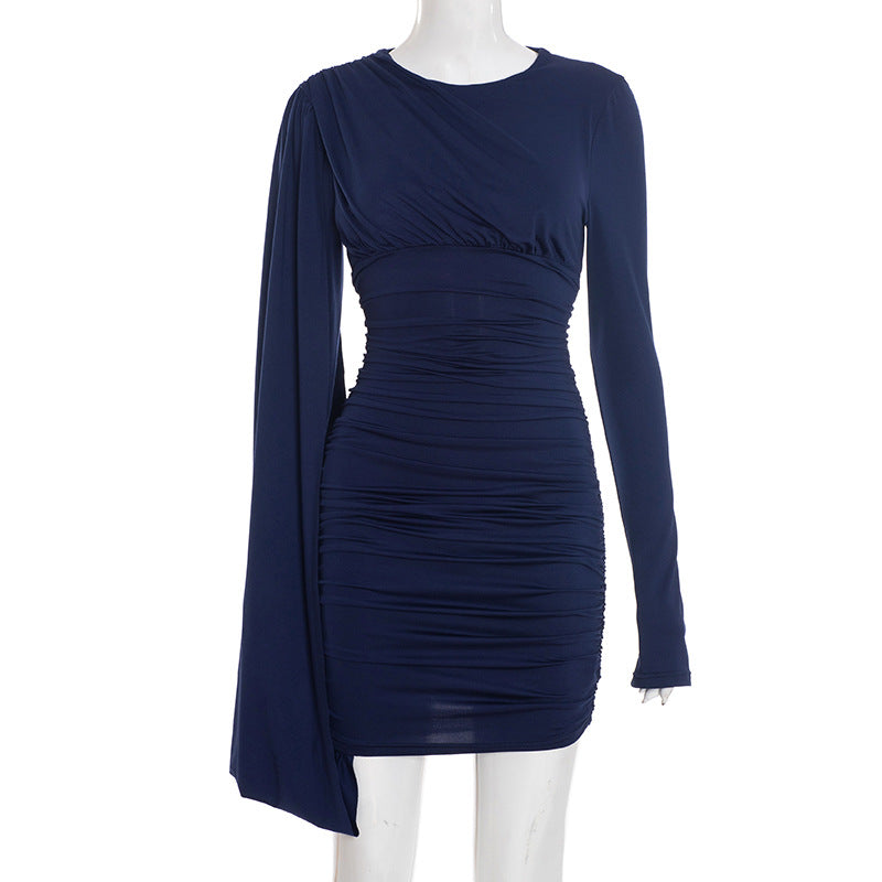 Ruched One Cape Sleeve Crew Neck Long Sleeve Bodycon Mini Dress 3