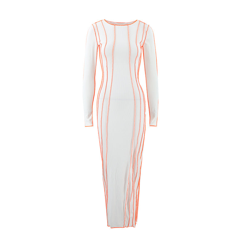 Contrast Lettuce Trim Crew Neck Long Sleeve Bodycon Midi Dress 4