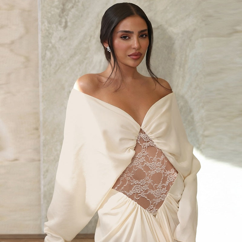 Fall Women Clothing Sexy off Shoulder Lace Stitching French Elegant Long Sleeve Narrow Dress