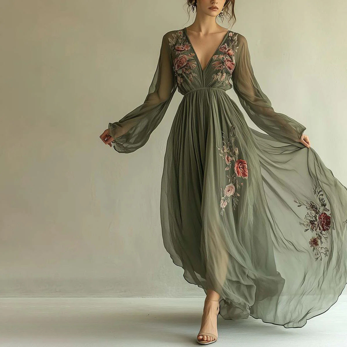 Floral Embroidered Chiffon Deep V-Neck Long Sleeve Maxi Dress 5