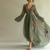 Floral Embroidered Chiffon Deep V-Neck Long Sleeve Maxi Dress 5
