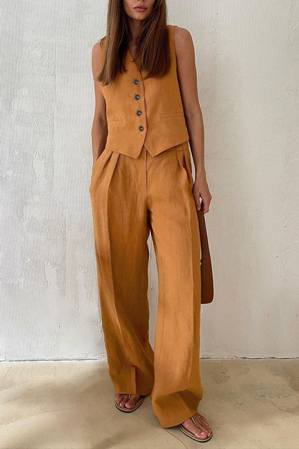 Solid Color Cotton and Linen V-neck Vest Long Pants Set