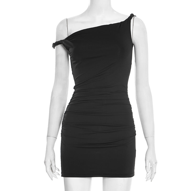 One Shoulder Asymmetric Twisted Strap Ruched Bodycon Mini Dress 2