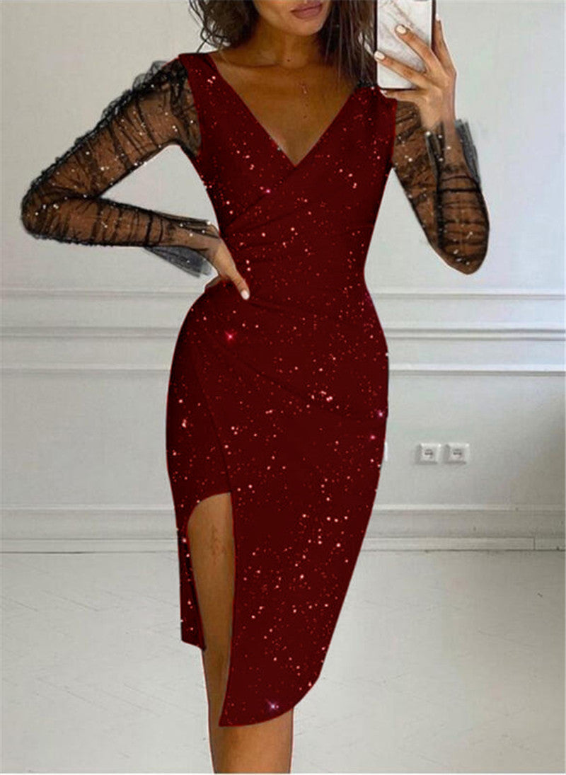 Ofelia Effortless Women's Evening Dress with Transparent Sleeves and Glittering Star Motif Designer Edit
