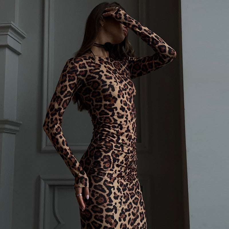 Women round Neck Long Sleeve Sexy Leopard Print High Waist Elegant Sexy Dress for Women