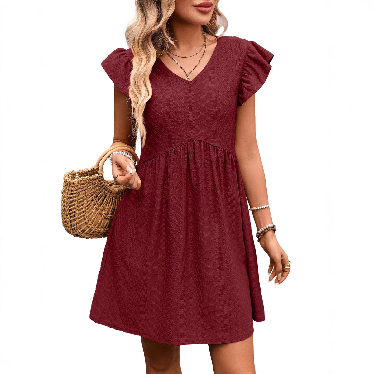Textured V-Neck Flutter Sleeve Pocket Babydoll Mini Dress 6