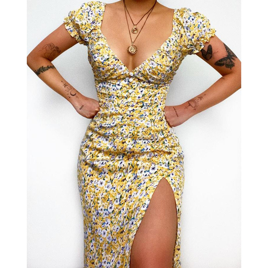 Floral Floral Print Fresh Sweet V - neck Mid - Length Dress