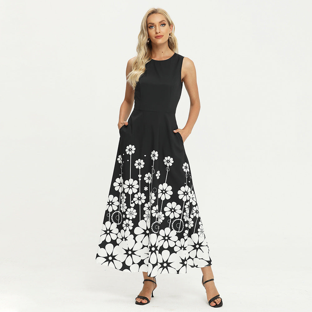 Printed Sleeveless Black Boho Dress