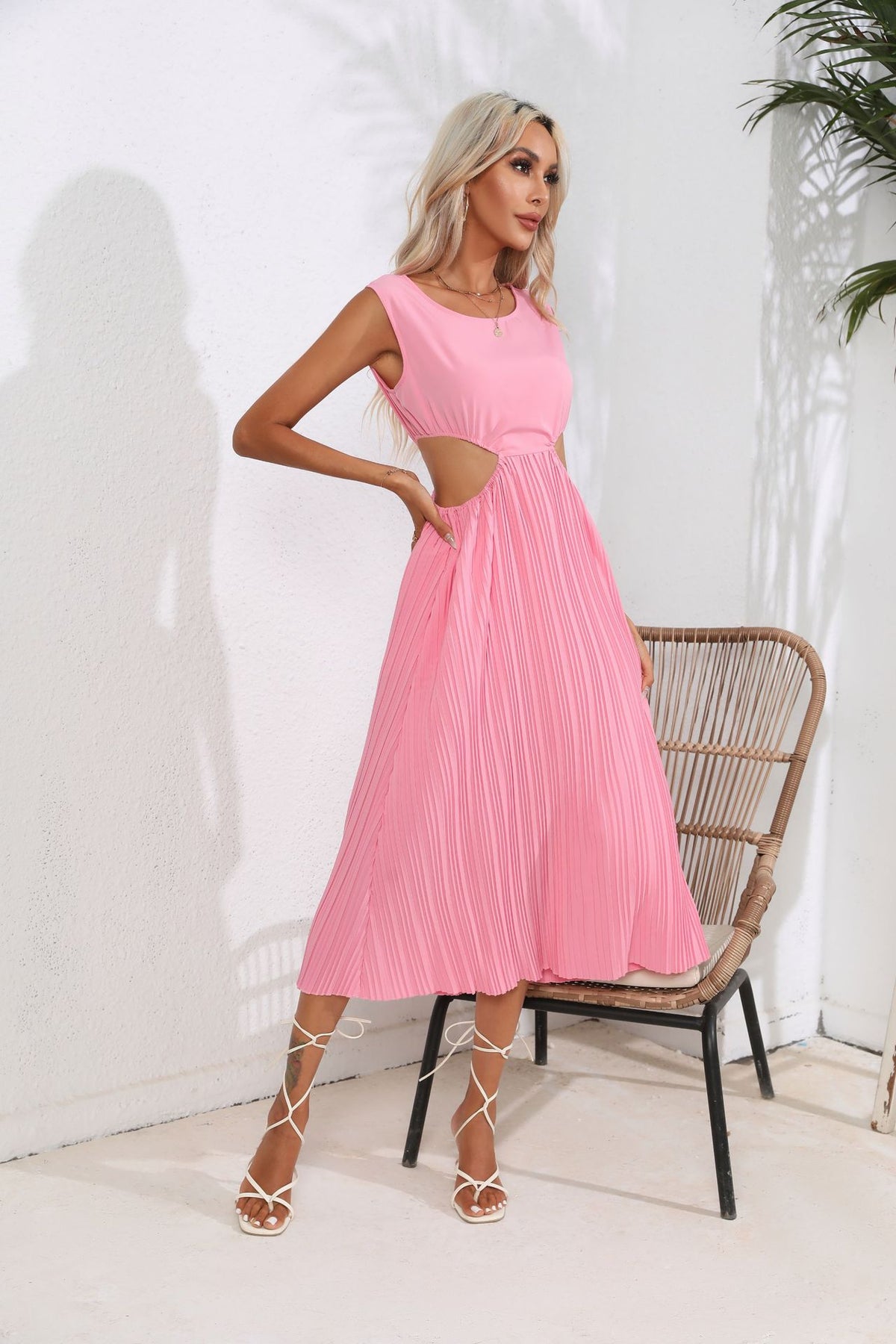 Pleated Round Neck Sleeveless Side Cut Out A-Line Midi Dress 5