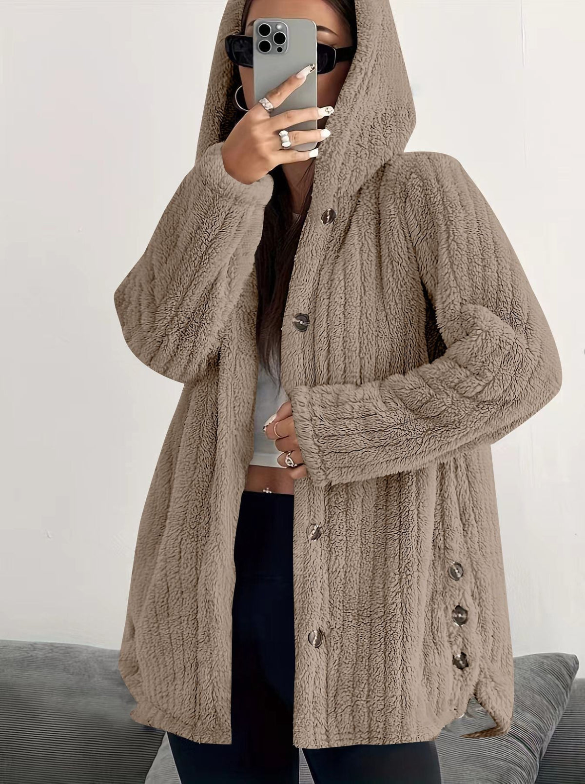 Hooded Button Front Fleece Cardigan Coat
