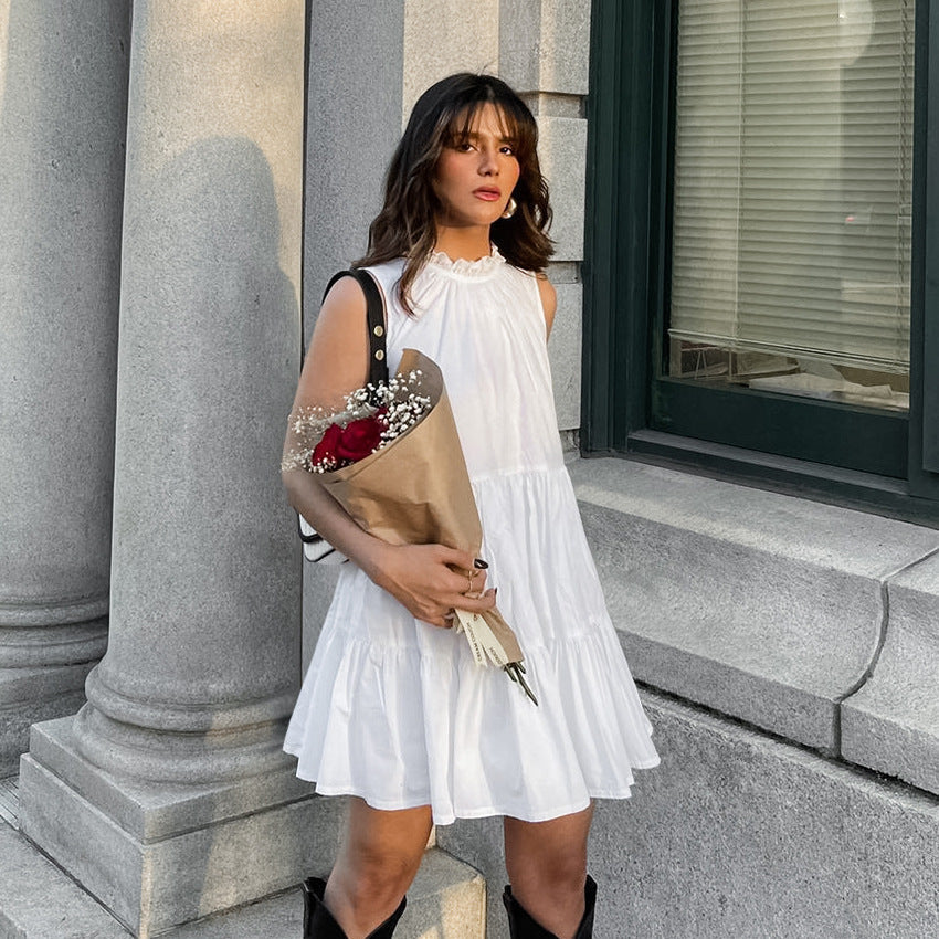 All Match White Elegant Dress round Neck Bow Lace up Elegant Loose Short