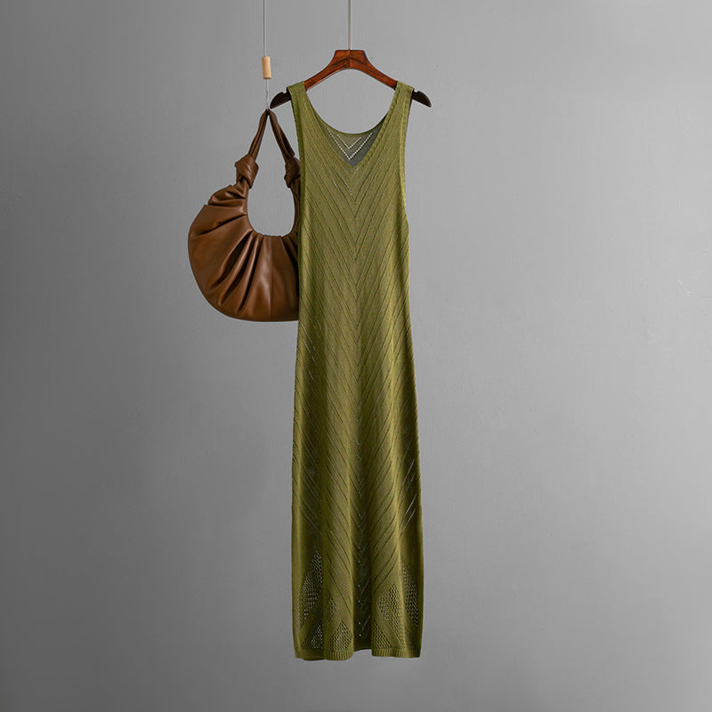 Pointelle Knit V-Neck Sleeveless Chevron Midi Tank Dress