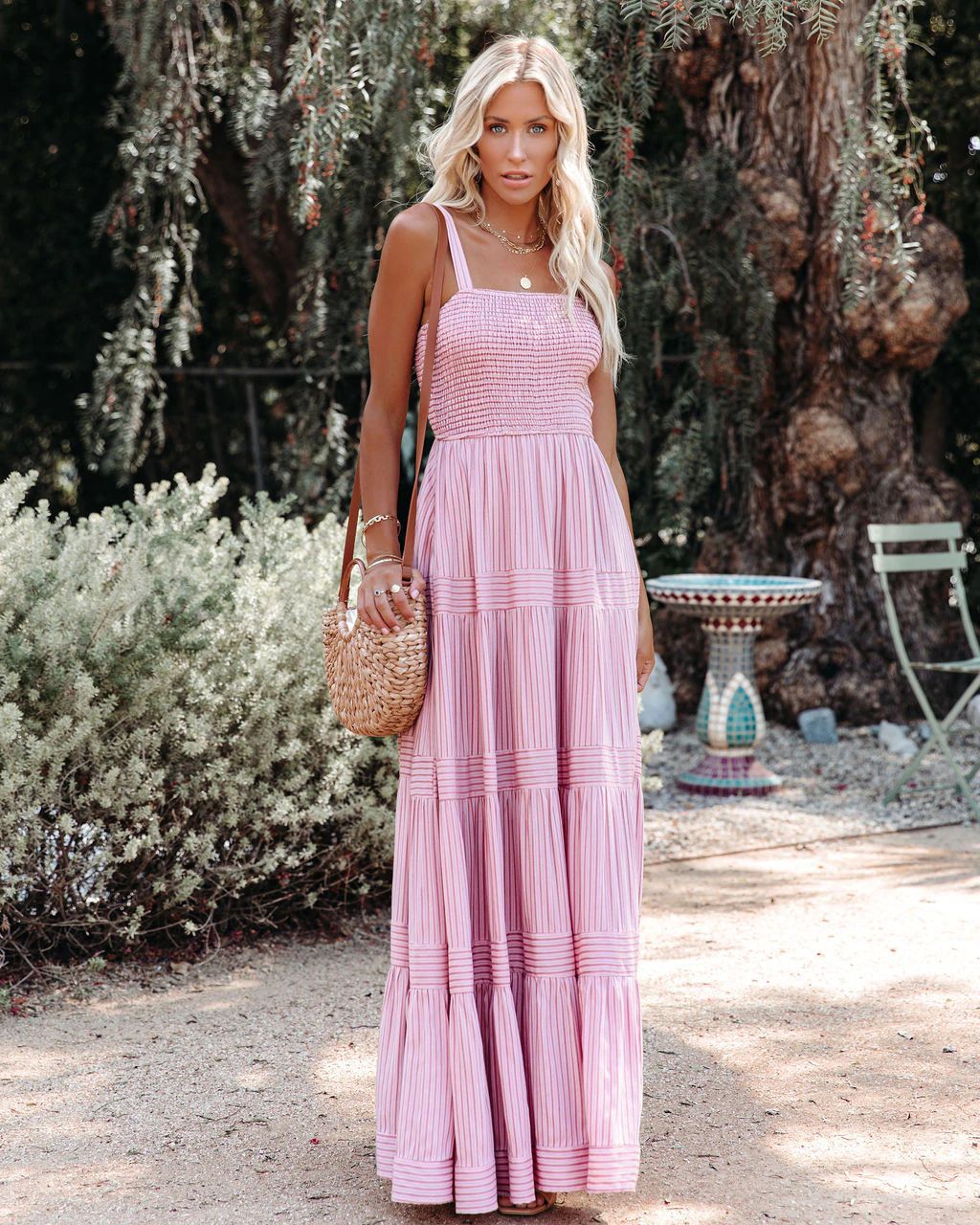 Sunshower Cotton Tiered Maxi Dress Dusty Rose