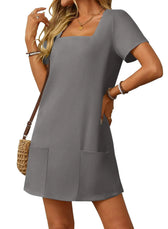 Square Neck Short Sleeve Pocket Shift Mini Dress 12