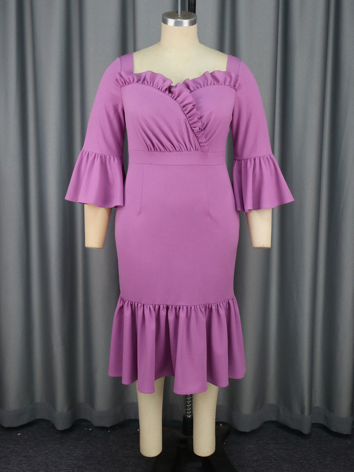 Square Neck Ruffle Trim Bell Sleeve Bodycon Midi Dress with Flounce Hem 2