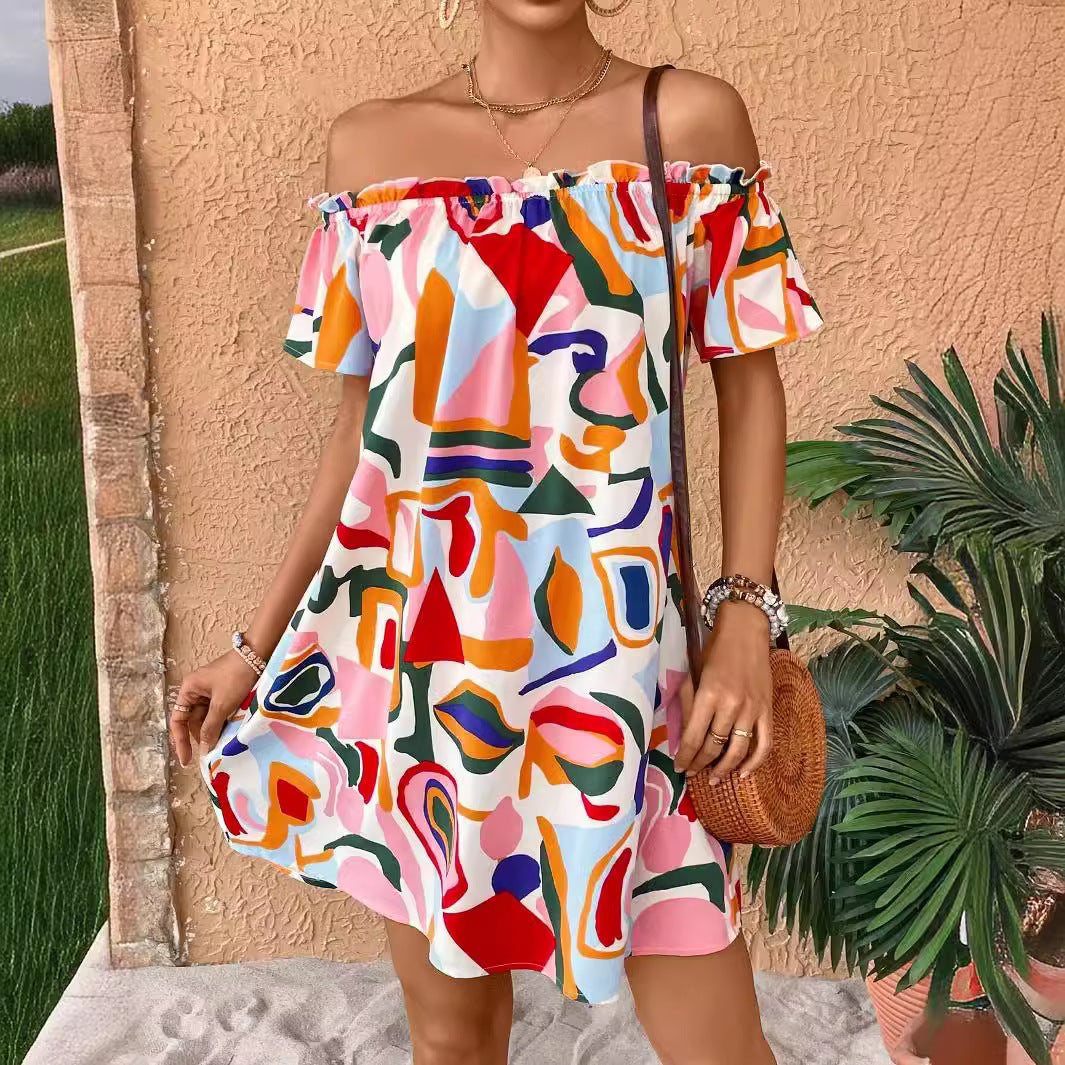Abstract Geometric Print Off Shoulder Short Sleeve Ruffle Neck Swing Mini Dress
