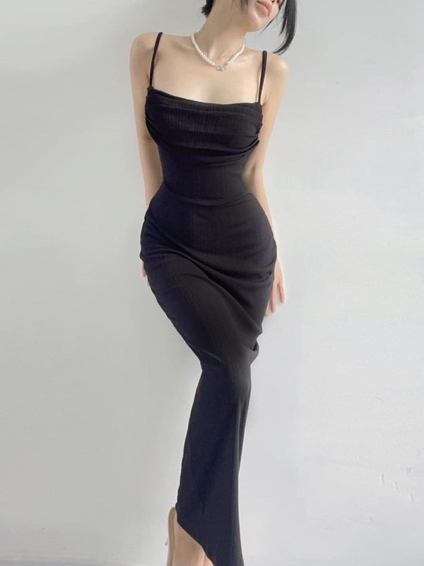 Ribbed Knit Draped Neck Spaghetti Strap Backless Bodycon Maxi Dress 4