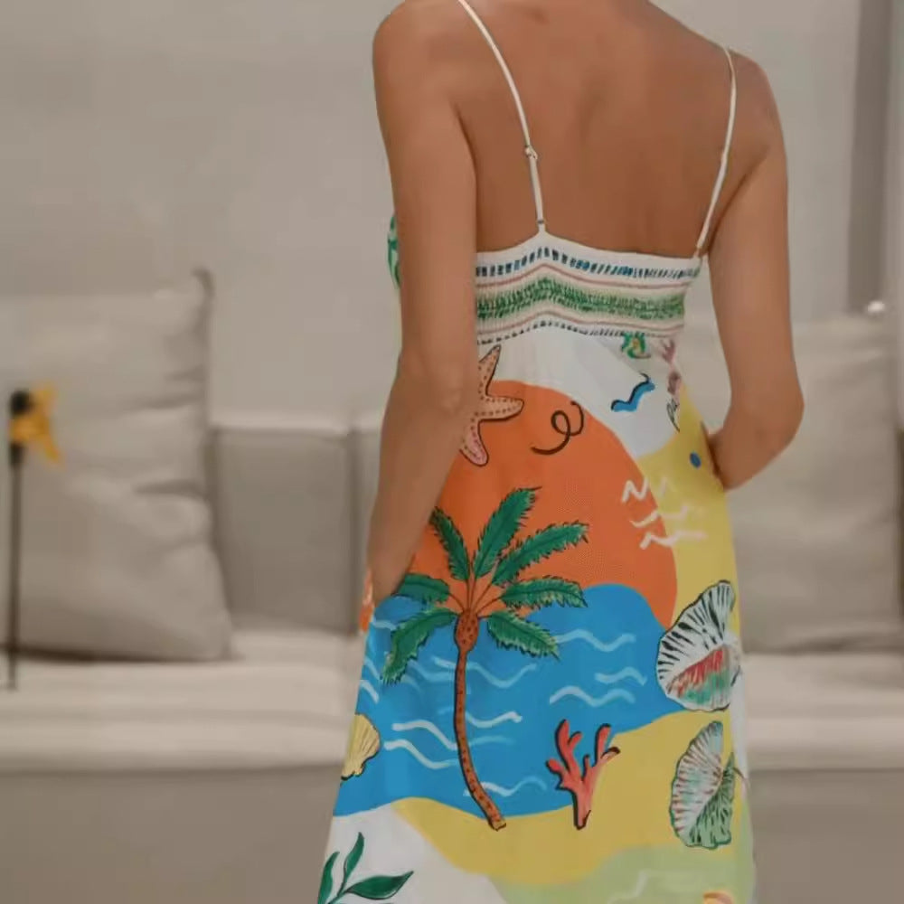 Tropical Beach Print Spaghetti Strap Square Neck Pocket Maxi Dress 3