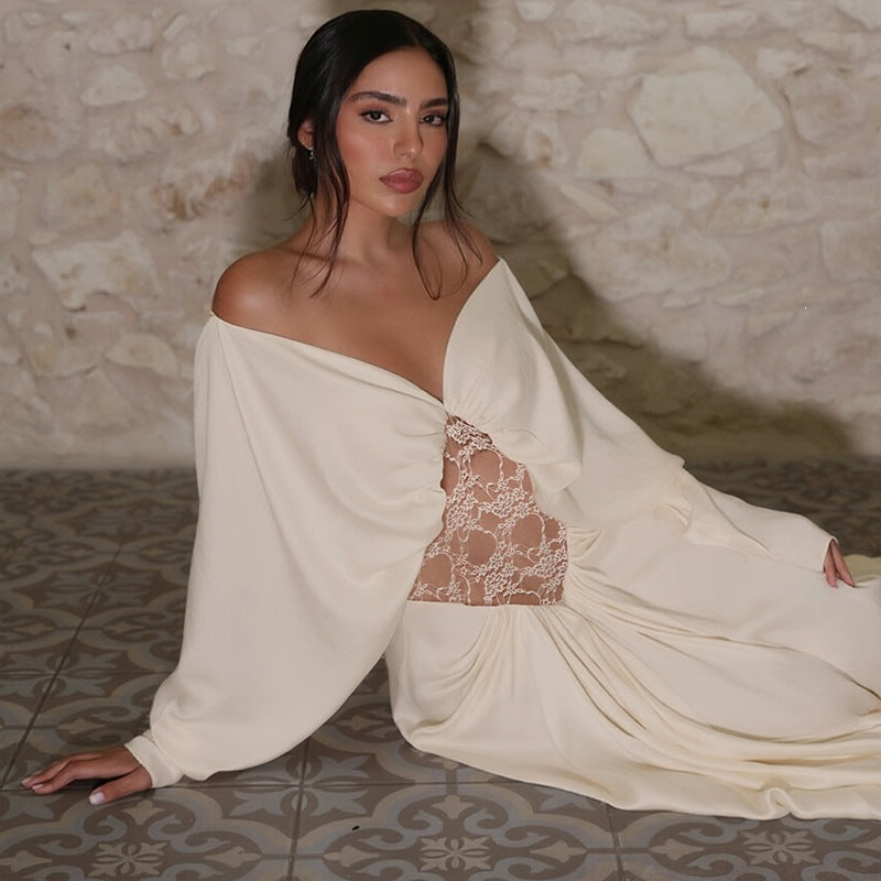 Fall Women Clothing Sexy off Shoulder Lace Stitching French Elegant Long Sleeve Narrow Dress