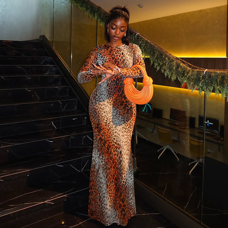 Socialite Women Clothes Printed Leopard Print Elastic Hip Dress round Neck Long Sleeve Elegant Tight Dress