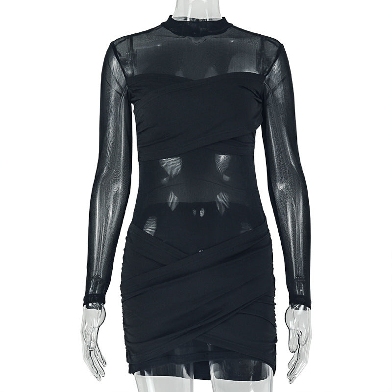 Sheer Mesh Mock Neck Long Sleeve Ruched Wrap Bodycon Mini Dress 2