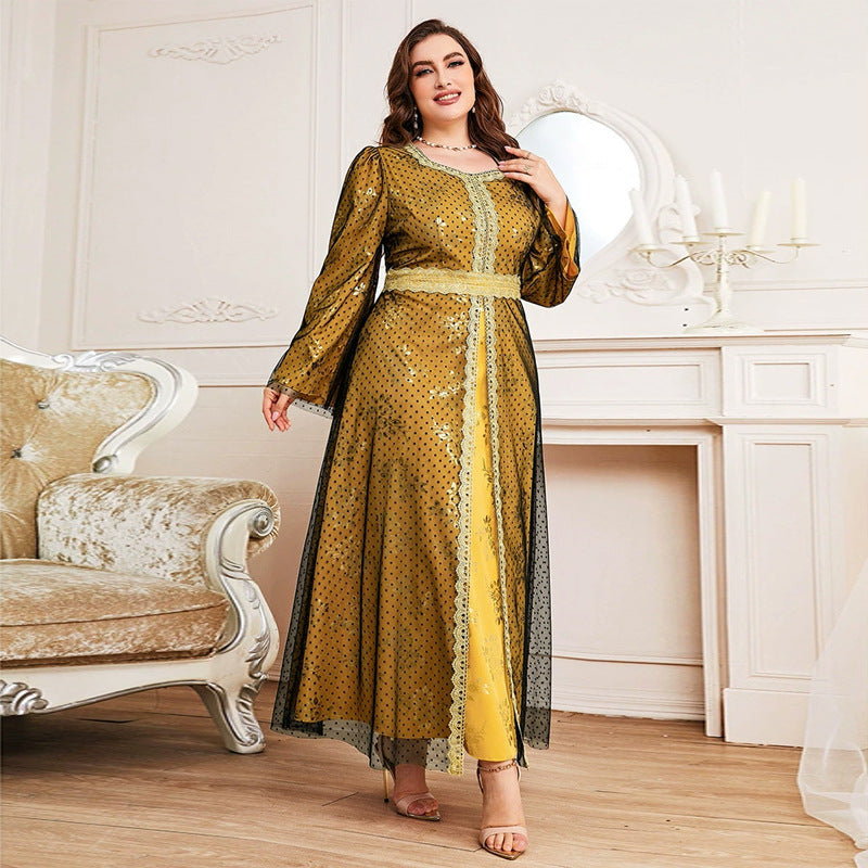 Plus Size Polka Dot Mesh Overlay Lace Trim Belted Long Sleeve Maxi Dress 4