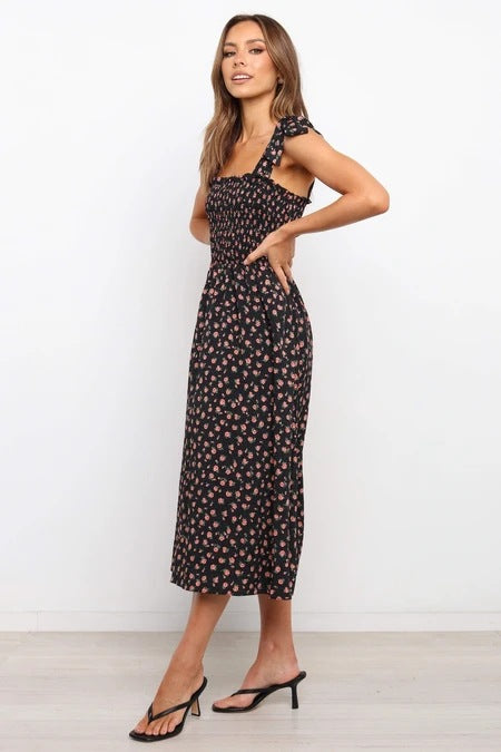 Violette Floral Satin Cutout Maxi Dress Black