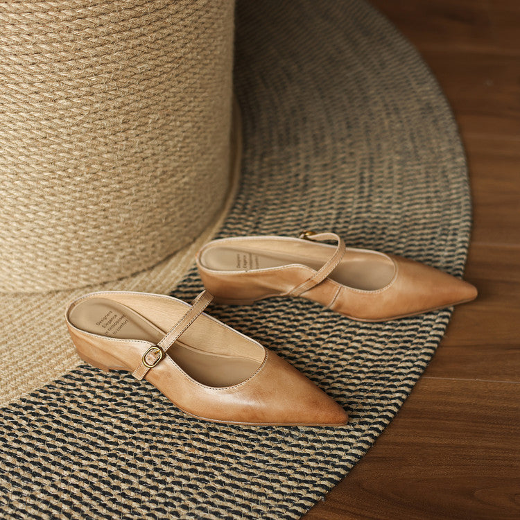 Pointed Toe Ankle Strap Mary Jane Flat Mules