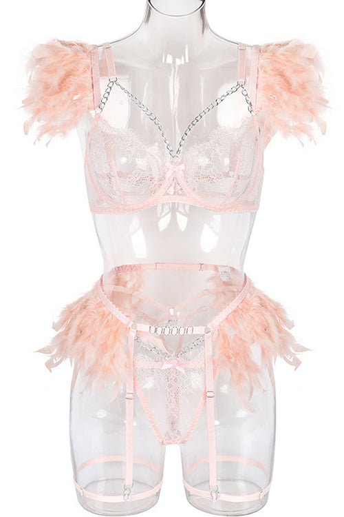 Cutout Feather Detail Plain Lingerie Set