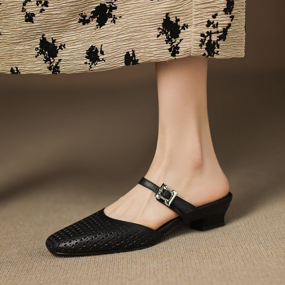 Square Toe Cut Out Buckle Block Heel Mules