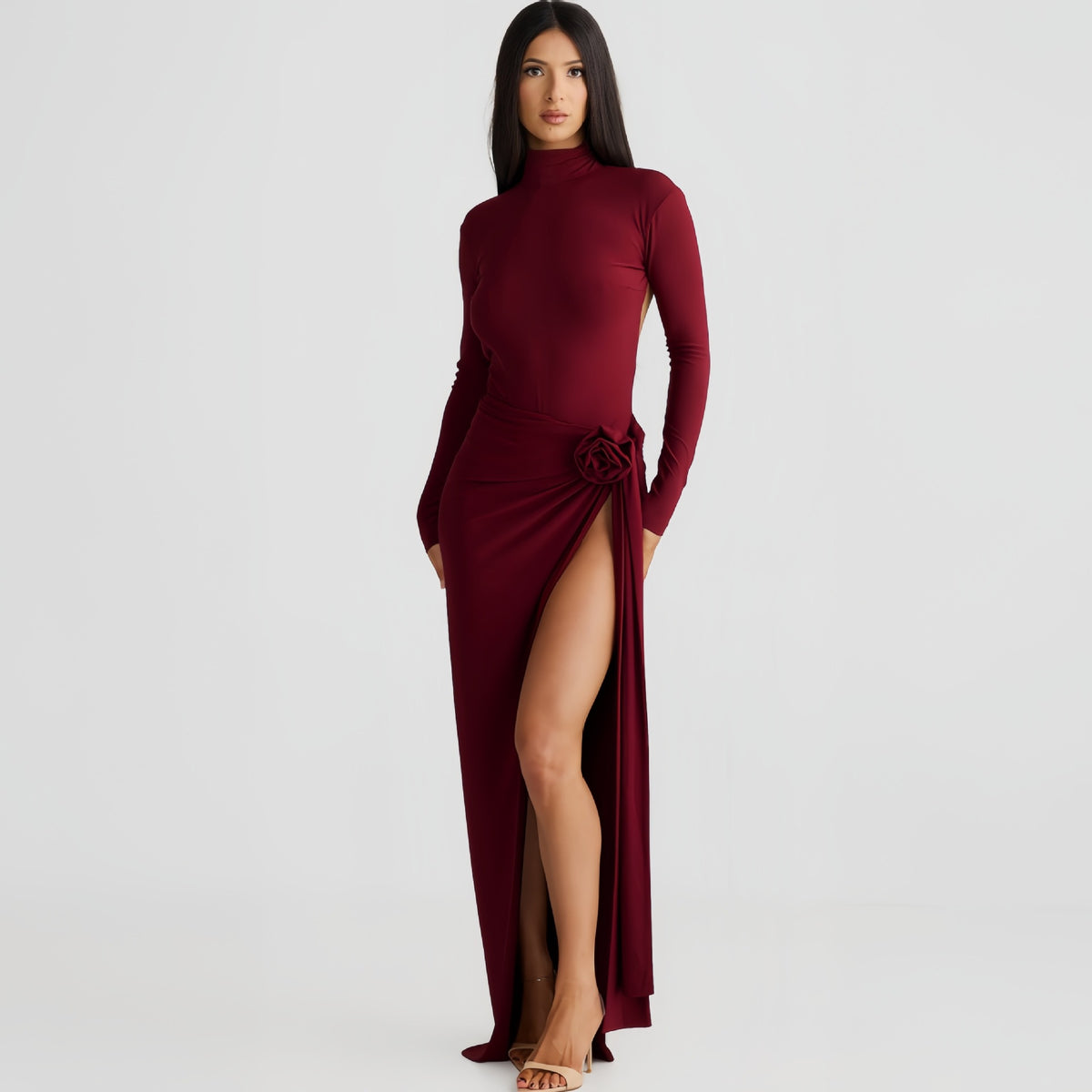 Mock Neck Long Sleeve Rosette Ruched High Split Maxi Dress 3
