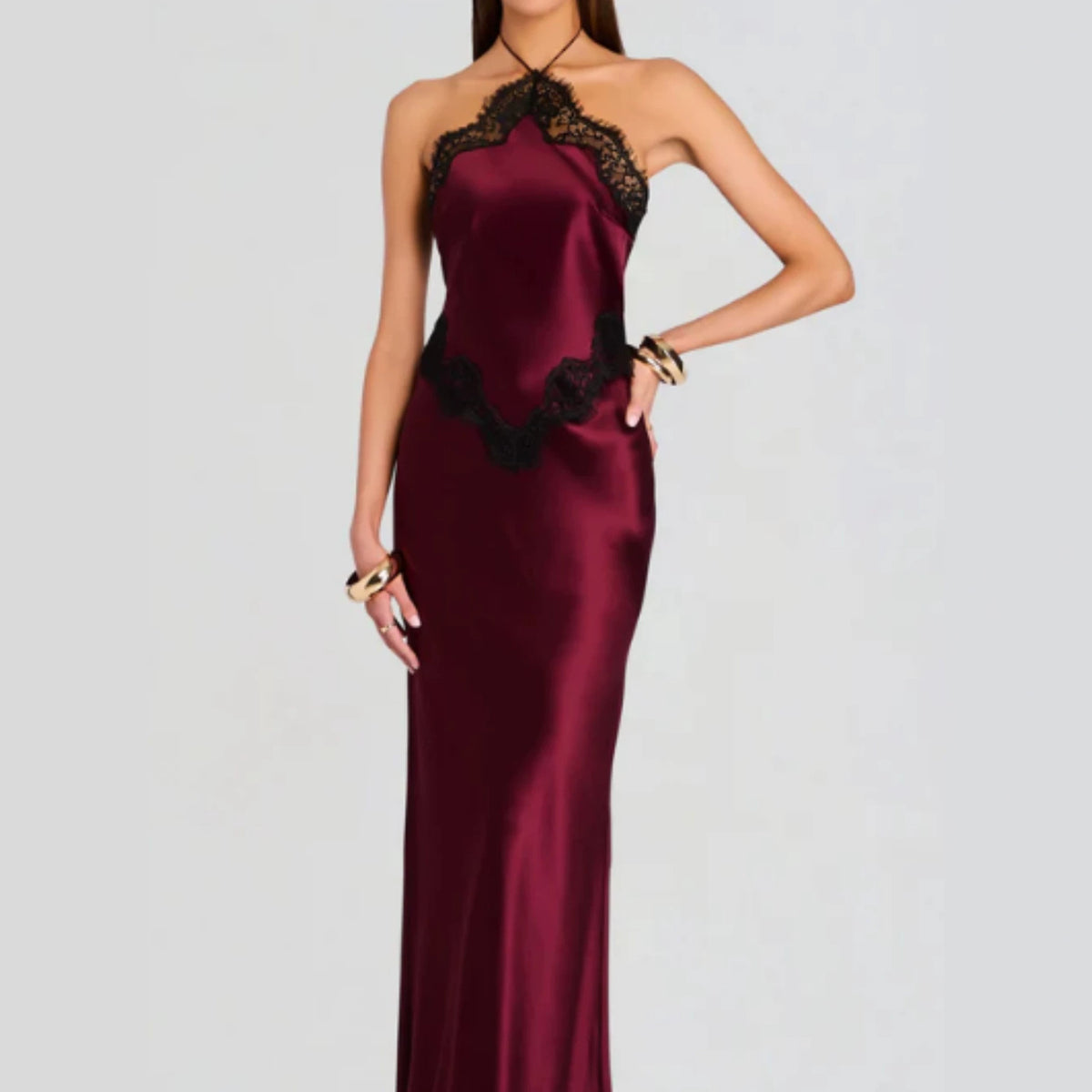 Satin Lace Trim Halter Neck Bias Cut Maxi Slip Dress 4