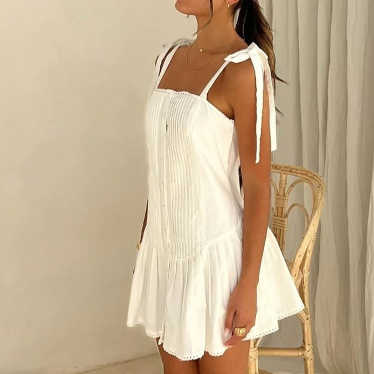 Women Clothing Summer Backless Sleeveless Sexy Dress Arrival off Neck Pleated Cami Dress
